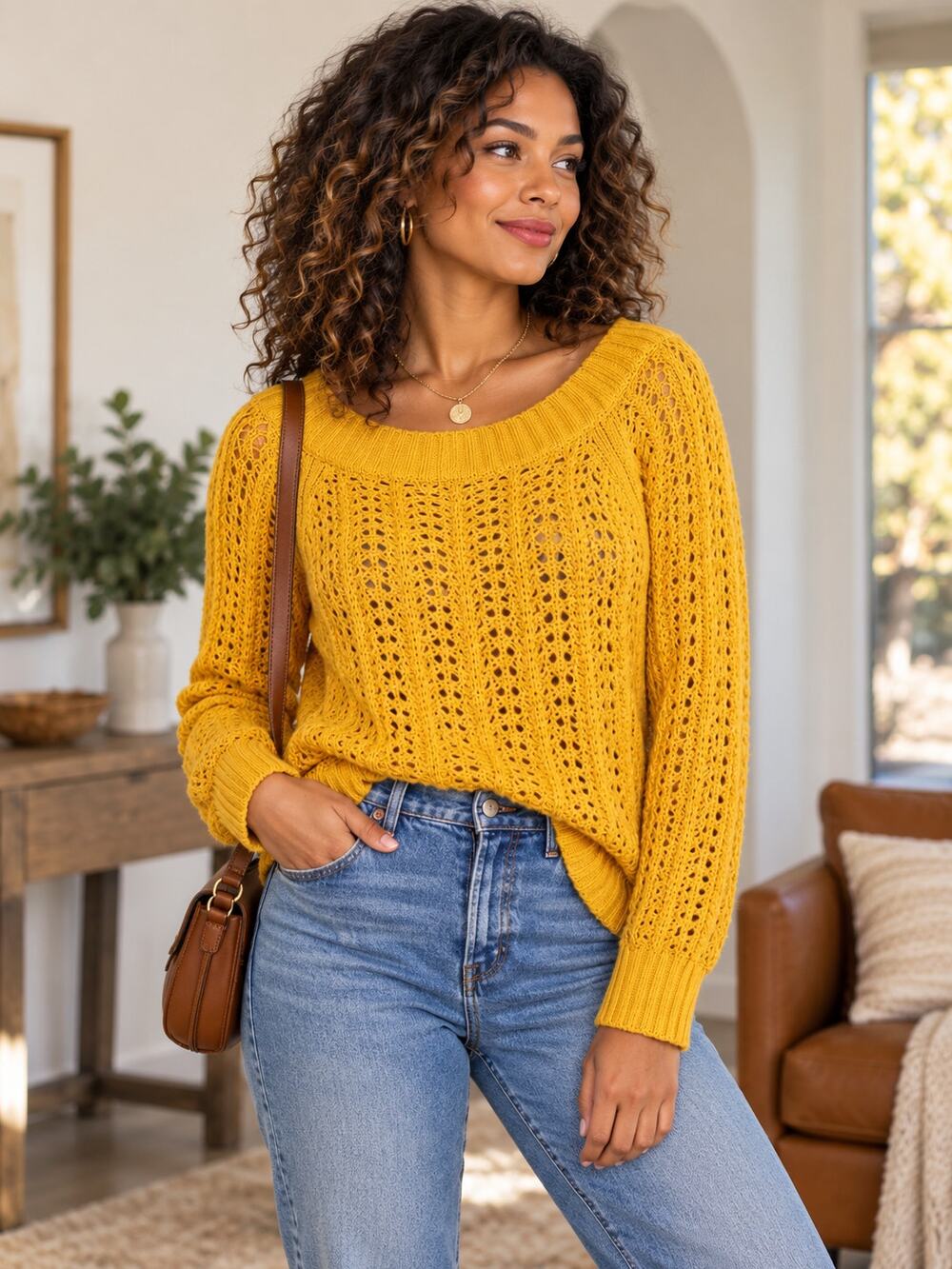 J.CREW Mustard Yellow Pointelle Open Knit Beach Sweater Size Small Fall Boho